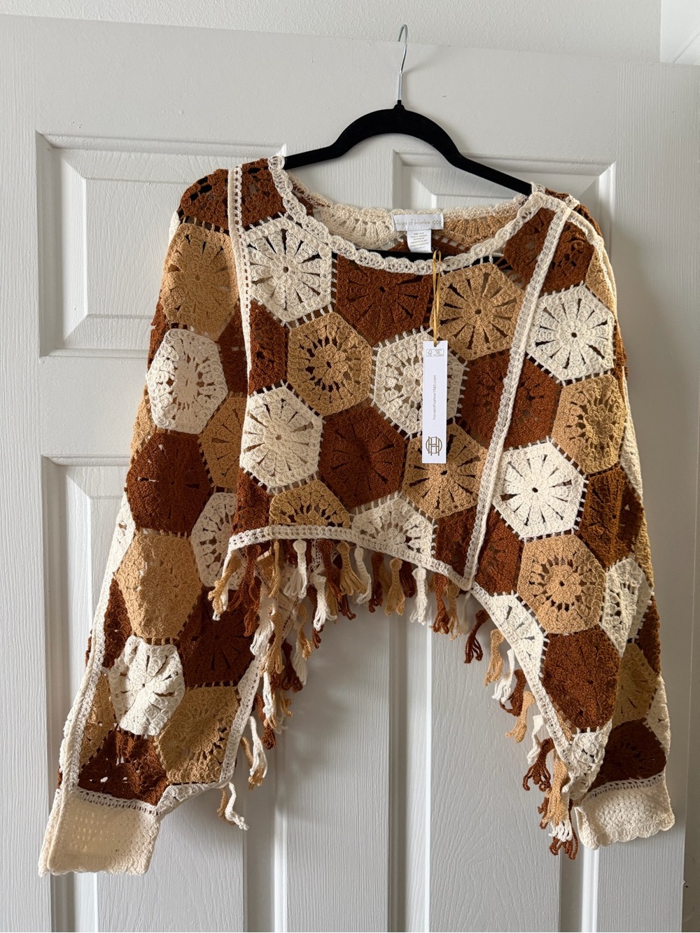 House of Harlow 1960 Crochet Patchwork Fringe Bell Sleeve Top One Size NWT